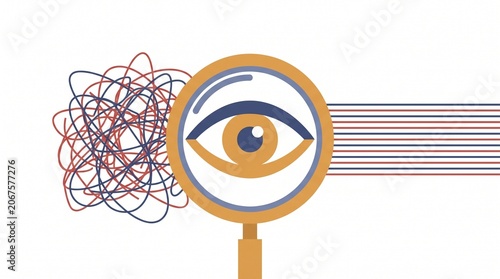 Minimalist flat vector illustration of tangled lines passing through a magnifying glass with an eye to become straight organized lines, representing analytical vision and chaos to order