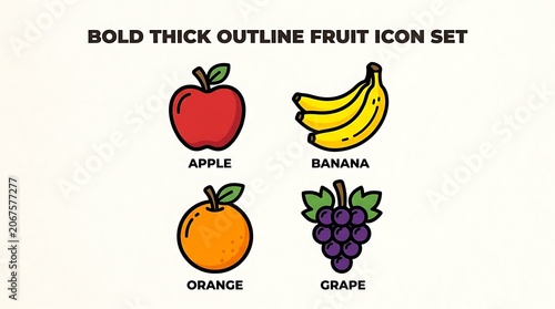 Bold thick outline fruit icon collection set.