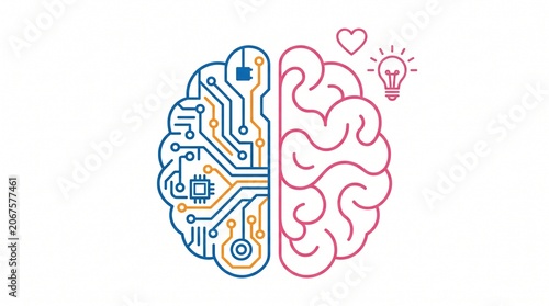 Minimalist line art vector illustration of a brain split into a tech circuit board on the left and organic curves with a lightbulb and heart on the right, representing logic versus creativity