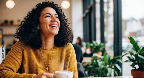 A cheerful Hispanic or Middle Eastern woman with curly black hair laughs heartily while enjoying a hot drink in a trendy coffee shop with green plants in the background