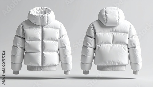 A fashion mockup of a puffer jacket with structured volume, shown from front and back perspective, soft realistic shadows, modern winter apparel template