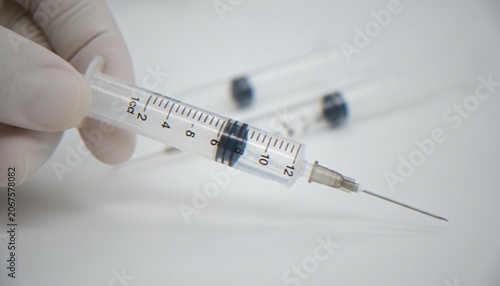 Foto A close-up shot of a hand in a medical glove holding a disposable syringe with a needle, with other syringes blurred in the background on a clean white surface