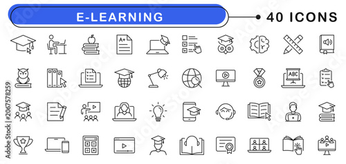 E-learning icon set. Online education icons in line style. Editable web icons for distance study, e-learning, online course, webinar, video tutorial, online lecture. Vector illustration.