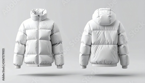 A fashion mockup of a puffer jacket with structured volume, shown from front and back perspective, soft realistic shadows, modern winter apparel template