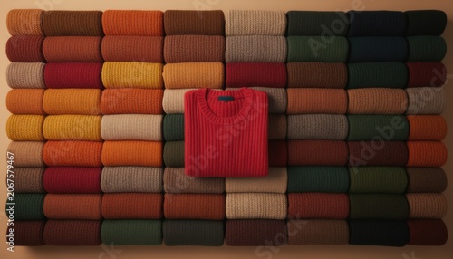 Neatly folded autumn knit sweaters in a dense mosaic pattern with a single red focal point for seasonal retail campaigns and fashion editorial content