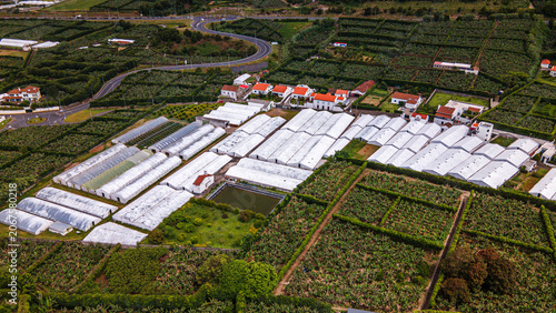 Vila Franca do Campo agricultural landscape with commercial greenhouses and banana plantations