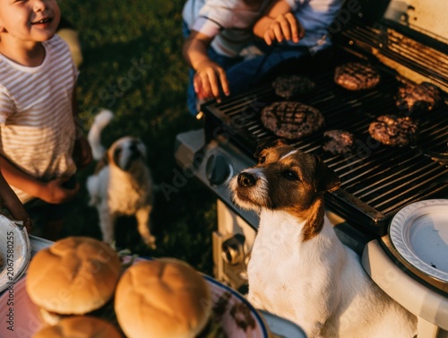 Small terrier dog watching a barbecue grill while children gather to cook burger patties, featuring a warm summer light for family lifestyle and outdoor dining content