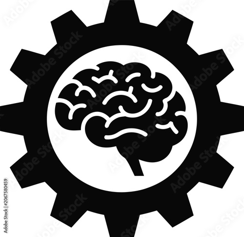 Black and white of a human brain silhouette centered inside a mechanical gear cog, isolated on a white background