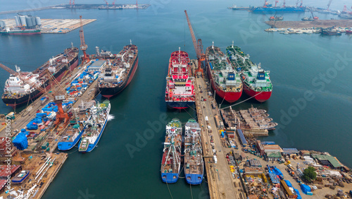 Shipyard with Multiple Vessels at Docks and Piers