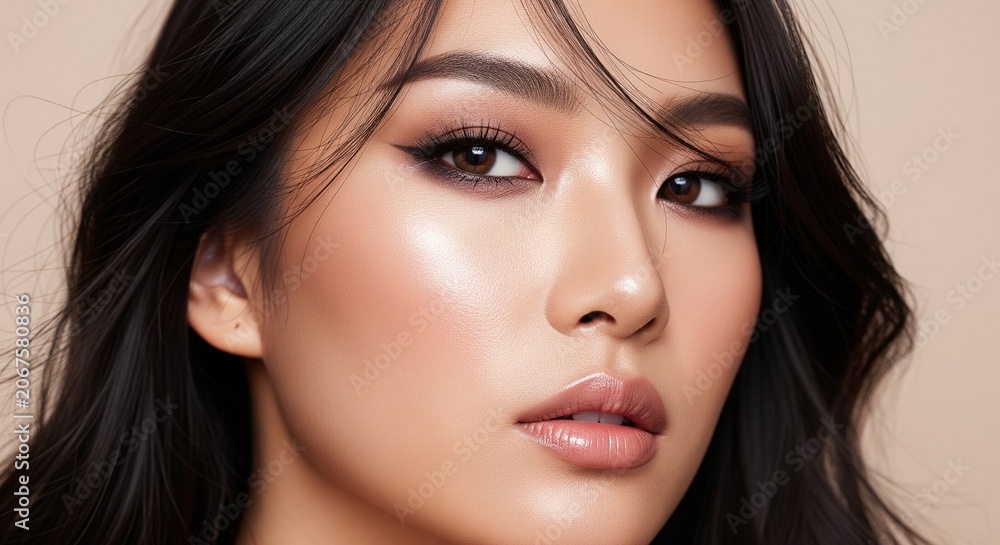 Naklejka premium Close-up beauty portrait of a young East Asian woman with professional evening makeup, smokey eyes, winged eyeliner, and glossy lips against a neutral background.