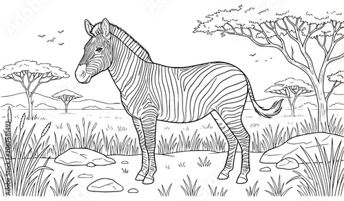 Photography Hand Drawn Zebra Standing in African Savannah Landscape Wildlife Coloring Style
