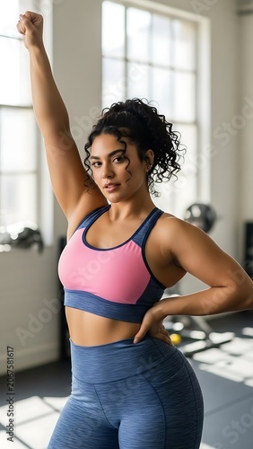Woman in pink top stretching indoors with dumbbells.