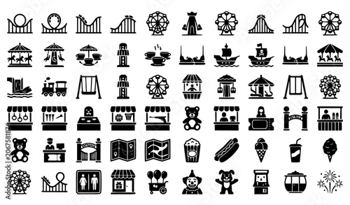 Canvastavla Theme park and carnival icon collection with amusement ride vector symbols
