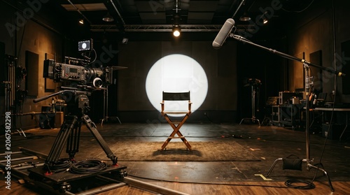 Video production studio with cinema camera, boom microphone, director chair. Concept filmmaking, broadcasting, media production, interview setup, studio technology, content creation. Generative AI.
