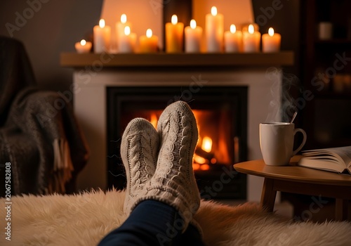 Woman in prayer by warm fireplace in cozy room.