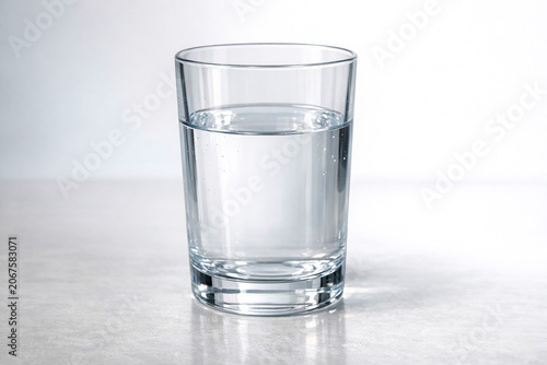 A clean and refreshing scene featuring a glass of ice-cold water with light reflections on a white countertop. This image is ideal for advertising health, wellness, or hydration products.