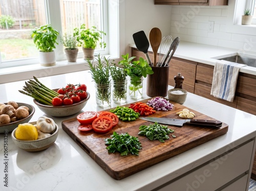 Fresh organic vegetables and aromatic herbs arranged beautifully on a rustic wooden cutting board prepared for gourmet cooking in a bright modern kitchen with natural light and clean white surfaces.