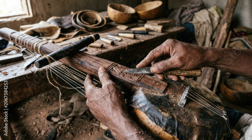 Artisan hands crafting intricate wooden object with tools.