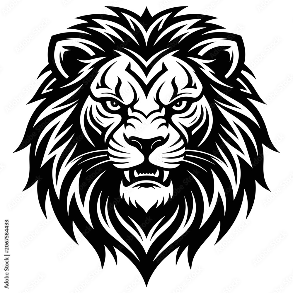 Fototapeta premium Majestic black and white roaring lion head illustration with intricate mane details and fierce expression.
