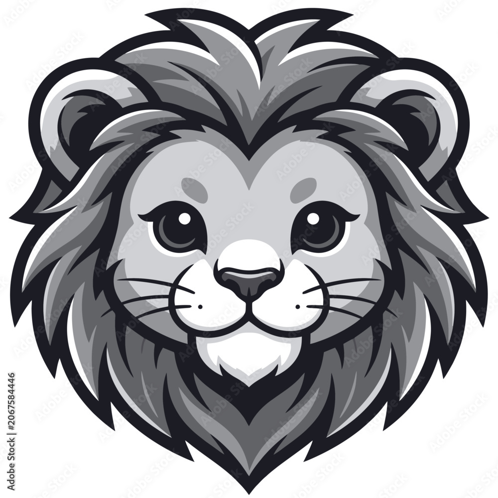 Obraz premium A cute, friendly, cartoon-style lion's head illustration in grayscale with a detailed mane and large eyes.