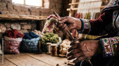 Artisan hands skillfully weaving colorful threads on a traditional loom.
