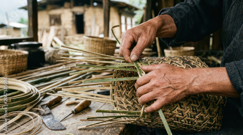 Artisan hands weaving a traditional basket from natural materials.