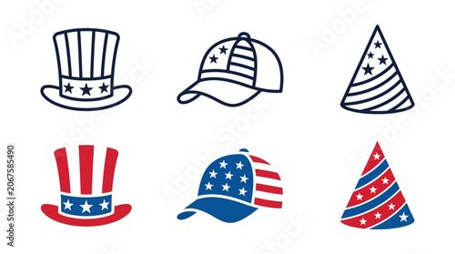 Patriotic headwear collection featuring uncle sam hat baseball cap and party hat with star motifs patriotic baseball