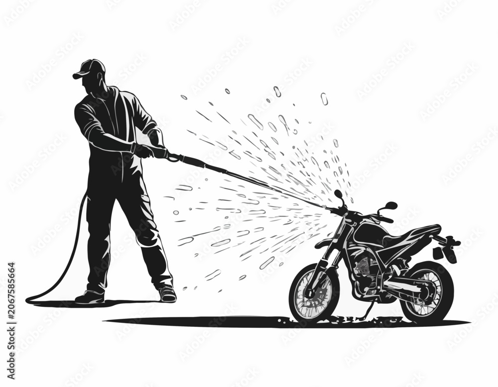 Naklejka premium Silhouette of Man washing a motorcycle with high pressure washer. Spraying water from the hose. Vector black and white illustration of motorcycle wash