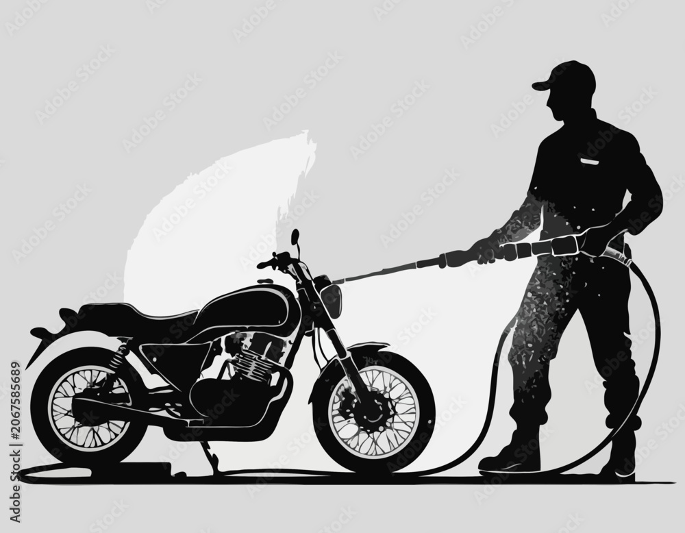 Naklejka premium Silhouette of Man washing a motorcycle with high pressure washer. Spraying water from the hose. Vector black and white illustration of motorcycle wash
