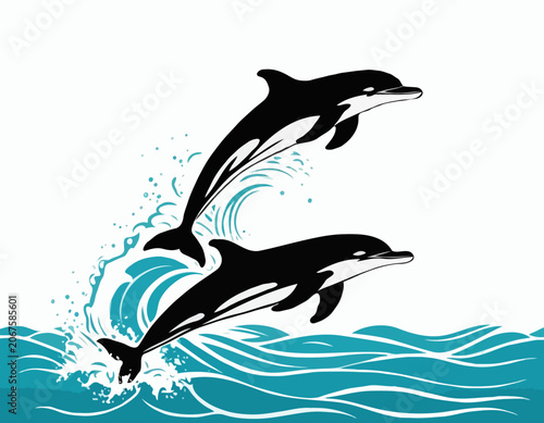 black silhouette Playful dolphins jumping out of the ocean waves isolated white background