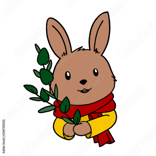 Adorable Cartoon Bunny with Red Scarf and Green Leaves