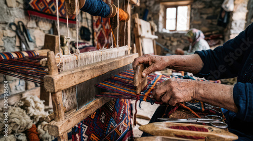 Artisan hands weaving colorful fabric on a traditional wooden loom.