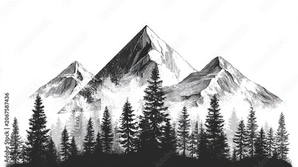 Fototapeta premium Majestic mountain range with tall pine trees in a detailed black and white sketch style on a clean white background
