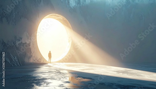 A silhouetted figure stands before a glowing circular portal, bathed in light
