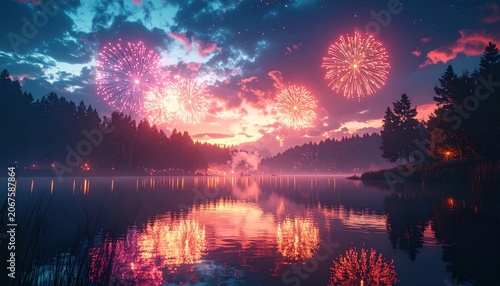 Colorful fireworks illuminate a tranquil lake, reflecting against a vibrant sunset sky
