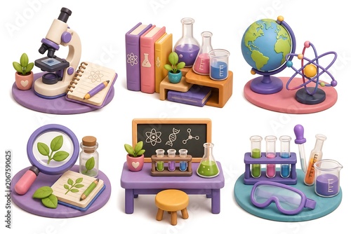 Cute 3D Science Education Icons with Laboratory Equipment, Microscope and STEM Learning Tools