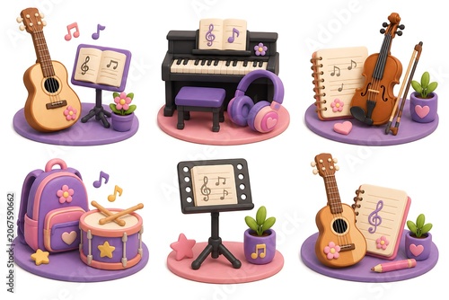 Cute 3D Music Education Icons with Musical Instruments, Piano and Music Learning Essentials