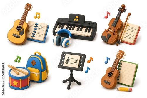 Cute 3D Music Education Icons with Guitar, Piano, Violin and Music Learning Essentials