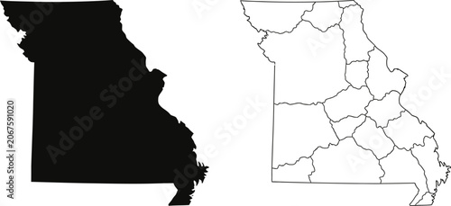 Tableau sur toile Black silhouette and outline map of missouri state with internal county borders