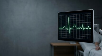 Medical heart rate monitor showing vital signs in a hospital room