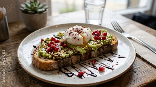 Delicious Avocado Toast with Poached Eggs and Pomegranate Seeds on a Rustic Wooden Table.