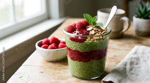 Delicious Green Smoothie with Raspberries and Granola for a Healthy Breakfast.