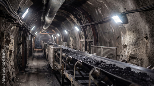 Underground coal mine tunnel with conveyor belt transporting coal, illuminated by overhead lights, showcasing rough stone walls and industrial infrastructure