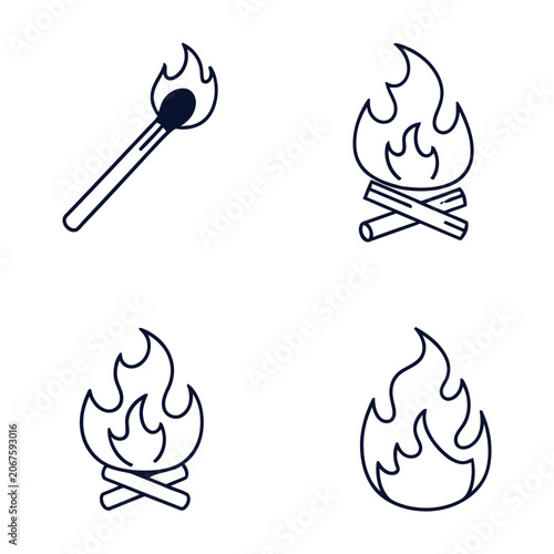 Fire and Bonfire Line Icon Set Vector with Burning Matchstick Symbol