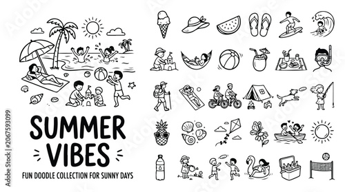 Summer vibes fun doodle collection, hand drawn beach vacation icons, black and white seasonal holiday vector set for sunny days