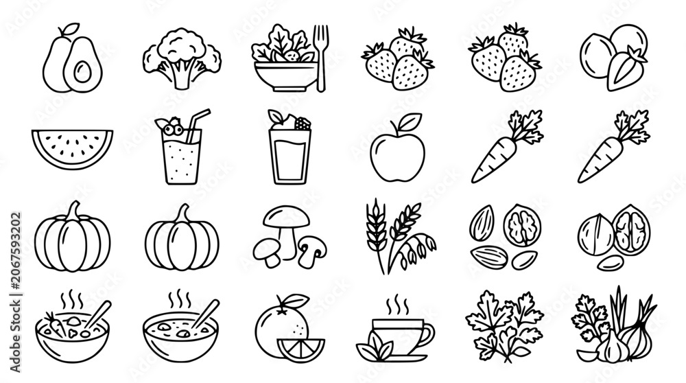 Obraz premium Healthy food and organic nutrition thin line icon set featuring fresh fruits vegetables salad smoothie soup tea and nuts vector