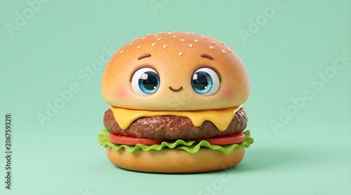 A cute 3D burger with big blue eyes, rosy cheeks, and a friendly smile with layers of cheese, meat, tomatoes, and lettuce on a green background.