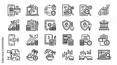 Foto Business finance and banking thin line icon set including online payment investm