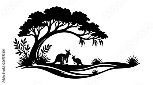 Australian outback wildlife landscape scene with kangaroo and joey under eucalyptus tree black silhouette vector illustration graphic