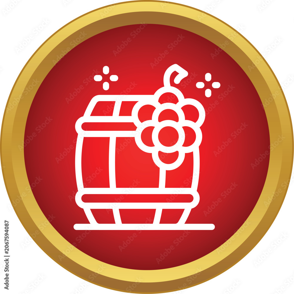 Fototapeta premium Wine barrel icon showing grapes and sparkling effect in a red circle